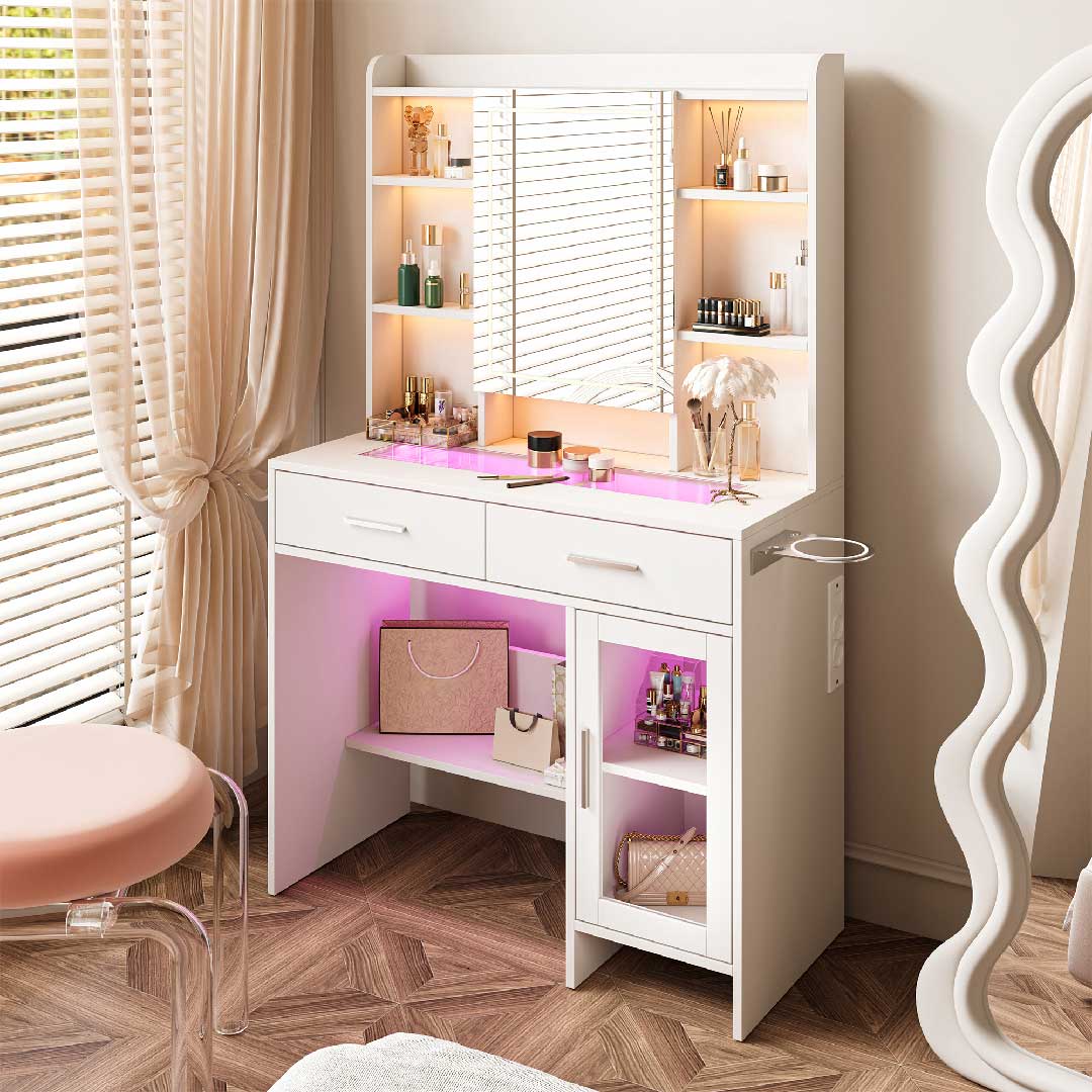 Yelenaro Schminktisch mit LED & RGB – Glasplatte, Steckdosen, 2 Schubladen, offener Stauraum