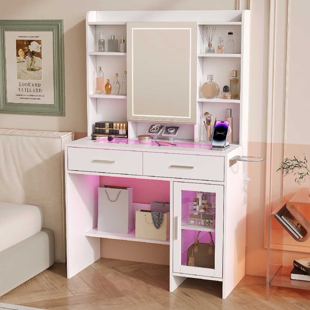 Yelenaro Schminktisch mit LED & RGB – Glasplatte, Steckdosen, 2 Schubladen, offener Stauraum