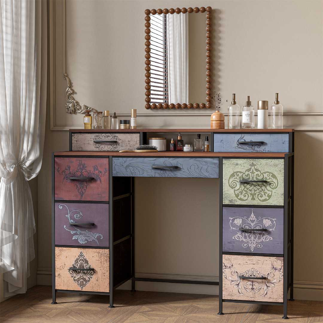 Yelenaro Vintage Kommode mit Stoffschubladen & LED – Metallrahmen, Holzplatte