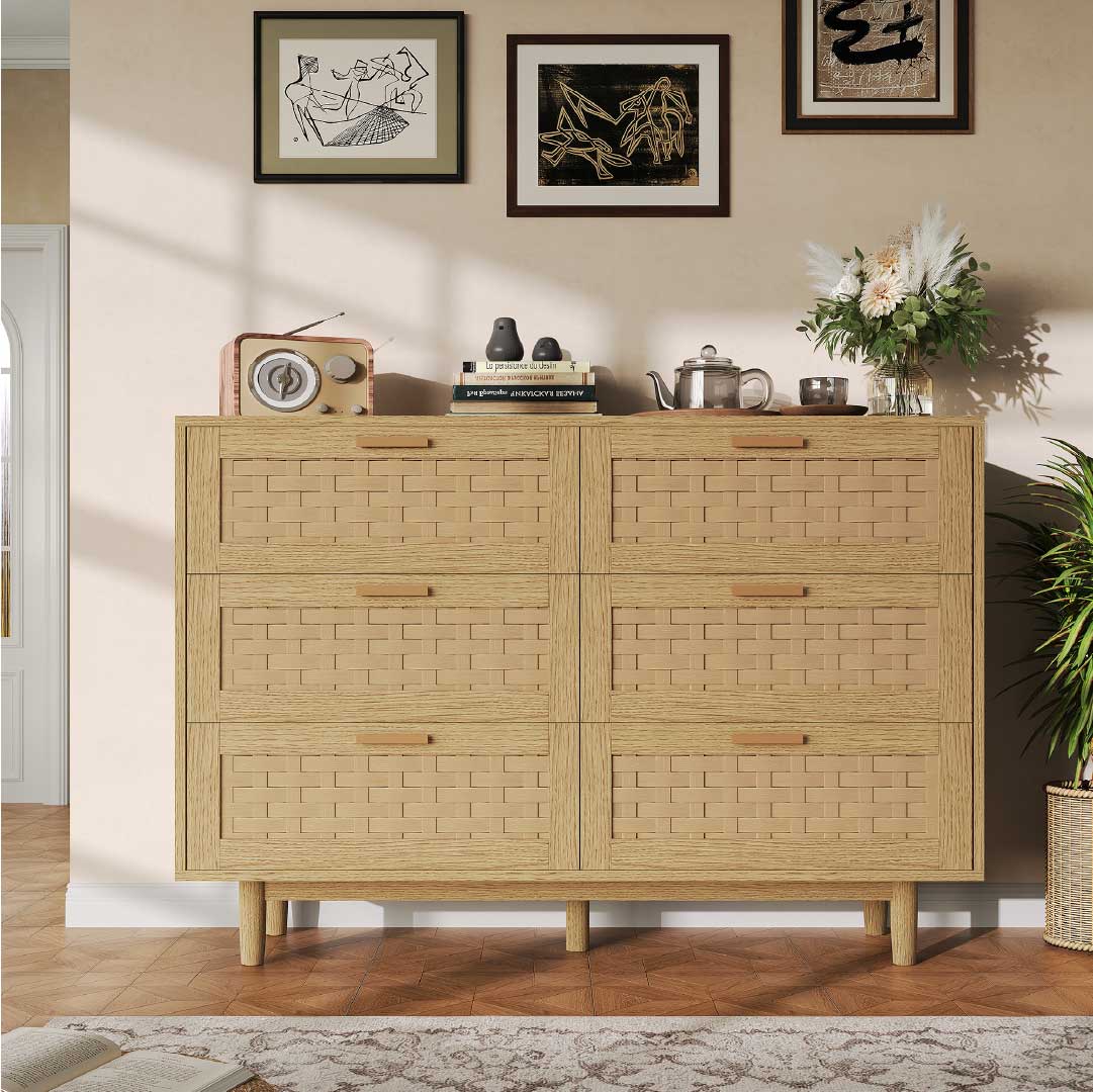 Yelenaro Rattan Kommode mit 6 Schubladen 115 cm – Holz Sideboard in Eiche & Schwarz