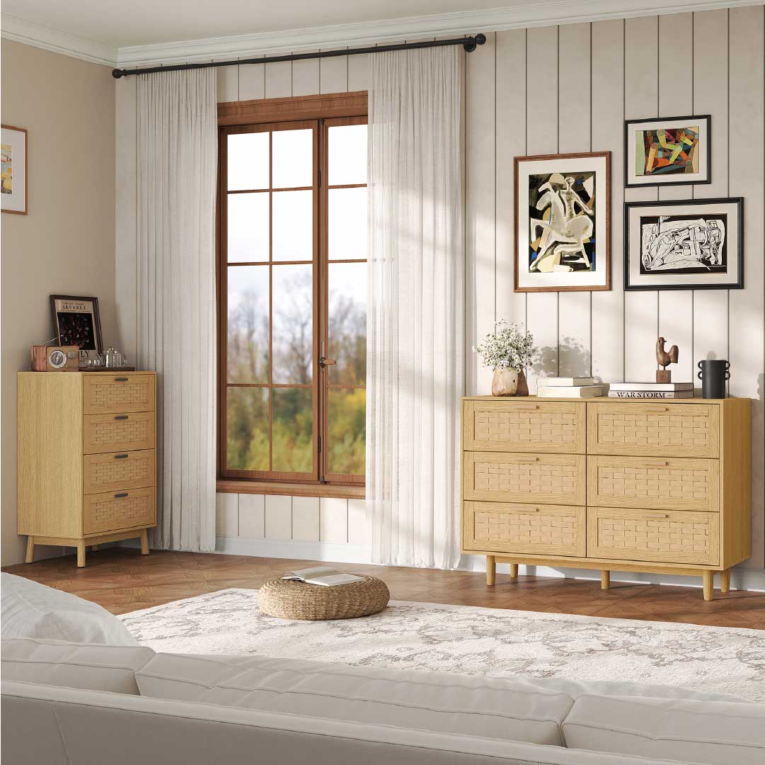 Yelenaro Rattan Kommode mit 6 Schubladen 115 cm – Holz Sideboard in Eiche & Schwarz