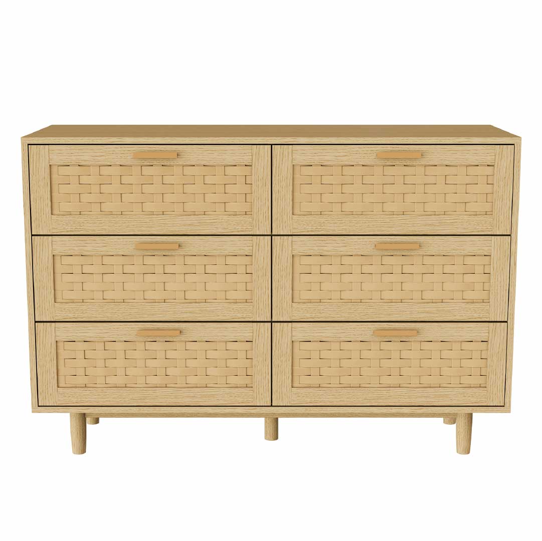 Yelenaro Rattan Kommode mit 6 Schubladen 115 cm – Holz Sideboard in Eiche & Schwarz