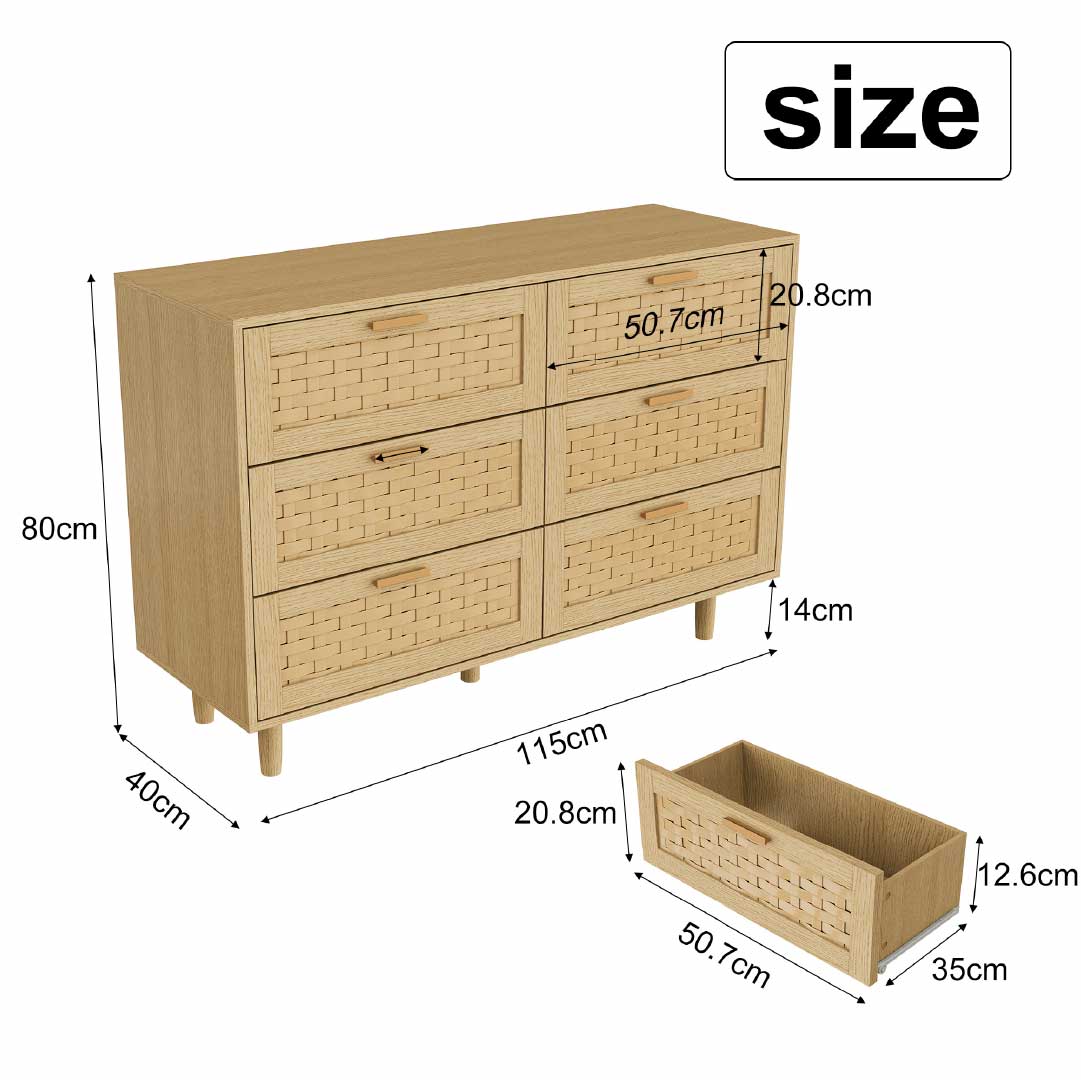 Yelenaro Rattan Kommode mit 6 Schubladen 115 cm – Holz Sideboard in Eiche & Schwarz