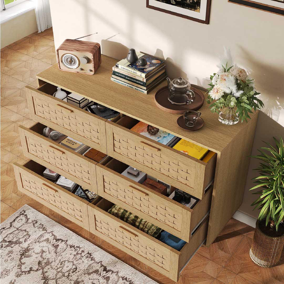 Yelenaro Rattan Kommode mit 6 Schubladen 115 cm – Holz Sideboard in Eiche & Schwarz