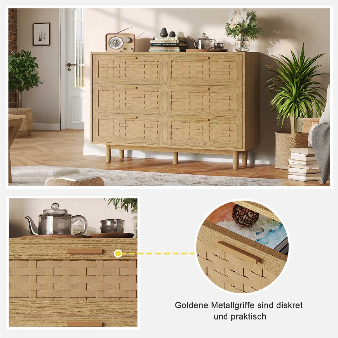 Yelenaro Rattan Kommode mit 6 Schubladen 115 cm – Holz Sideboard in Eiche & Schwarz