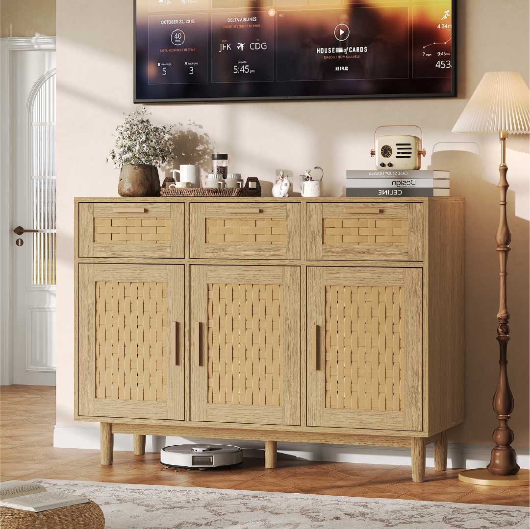 Yelenaro Rattan Sideboard mit 3 Schubladen und Türen – Holz Anrichte mit Stauraum