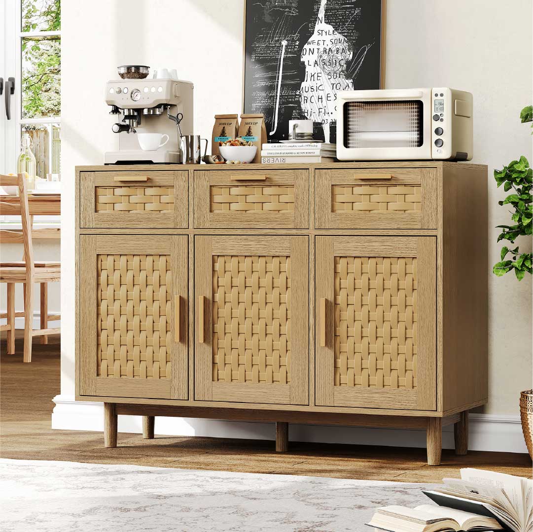 Yelenaro Rattan Sideboard mit 3 Schubladen und Türen – Holz Anrichte mit Stauraum