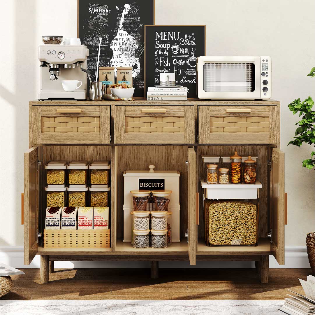 Yelenaro Rattan Sideboard mit 3 Schubladen und Türen – Holz Anrichte mit Stauraum