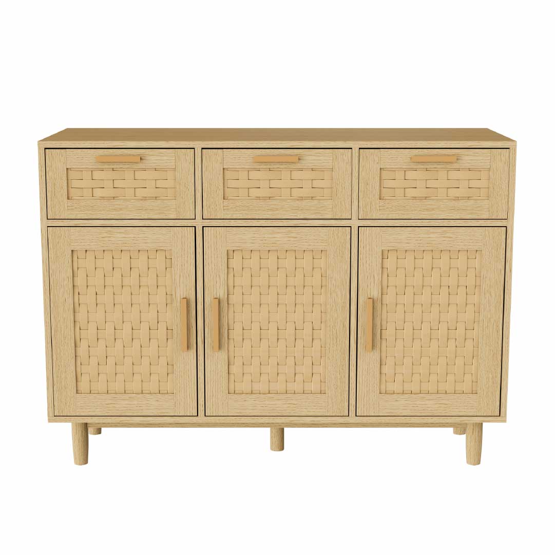 Yelenaro Rattan Sideboard mit 3 Schubladen und Türen – Holz Anrichte mit Stauraum