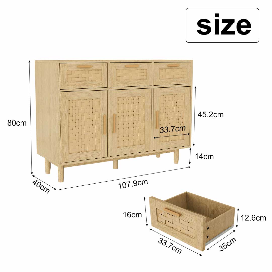 Yelenaro Rattan Sideboard mit 3 Schubladen und Türen – Holz Anrichte mit Stauraum