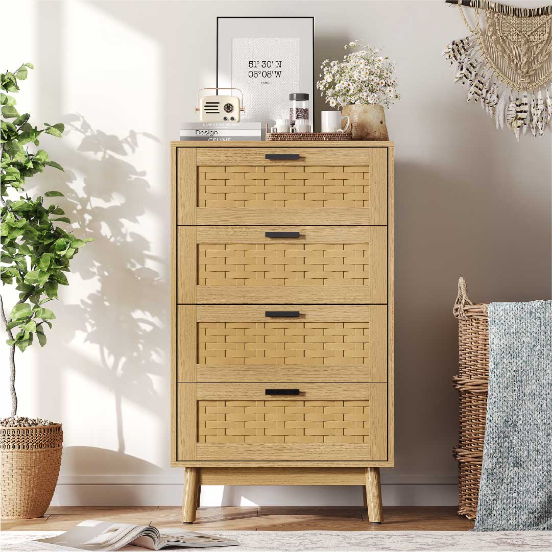 YELENARO Rattan Kommode mit 4 Schubladen – Holzoptik Aufbewahrungsschrank