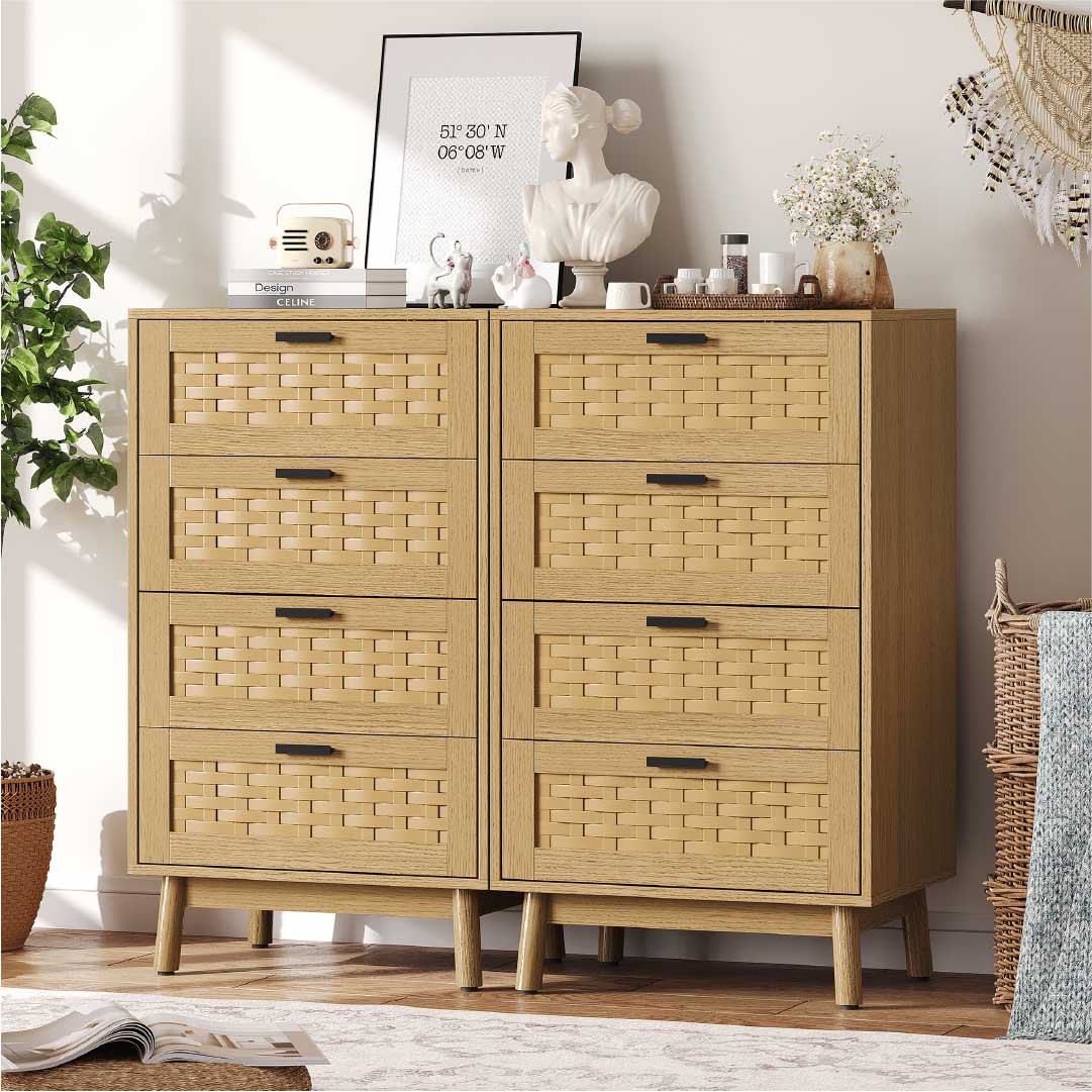 YELENARO Rattan Kommode mit 4 Schubladen – Holzoptik Aufbewahrungsschrank