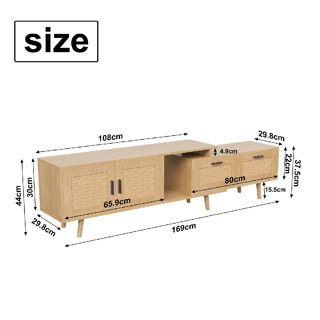 Yelenaro Skalierbarer TV-Schrank aus Holz mit Rattanfronten – Verstellbares TV-Board mit 2 Schubladen & 2 Türen Naturfarben