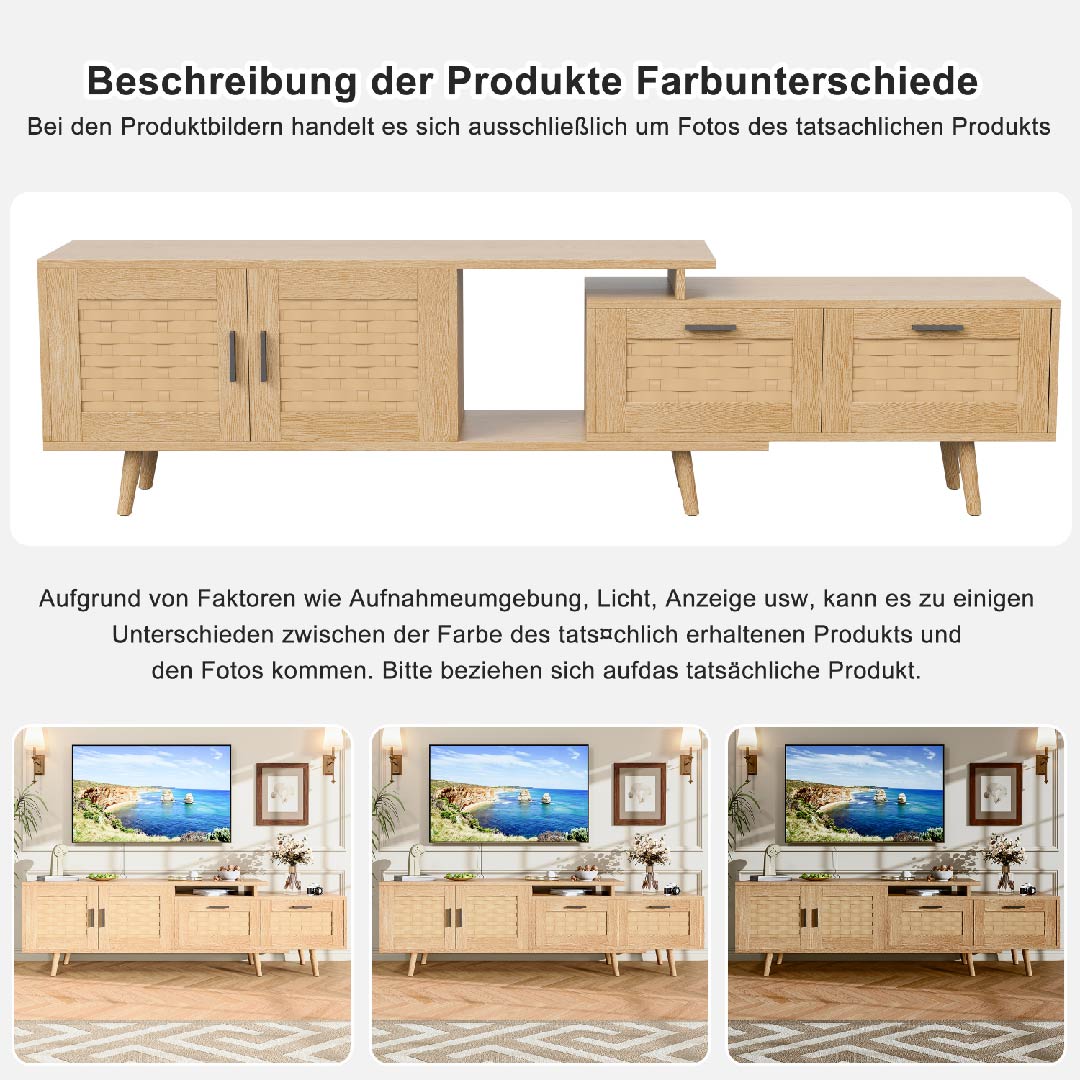 Yelenaro Skalierbarer TV-Schrank aus Holz mit Rattanfronten – Verstellbares TV-Board mit 2 Schubladen & 2 Türen Naturfarben