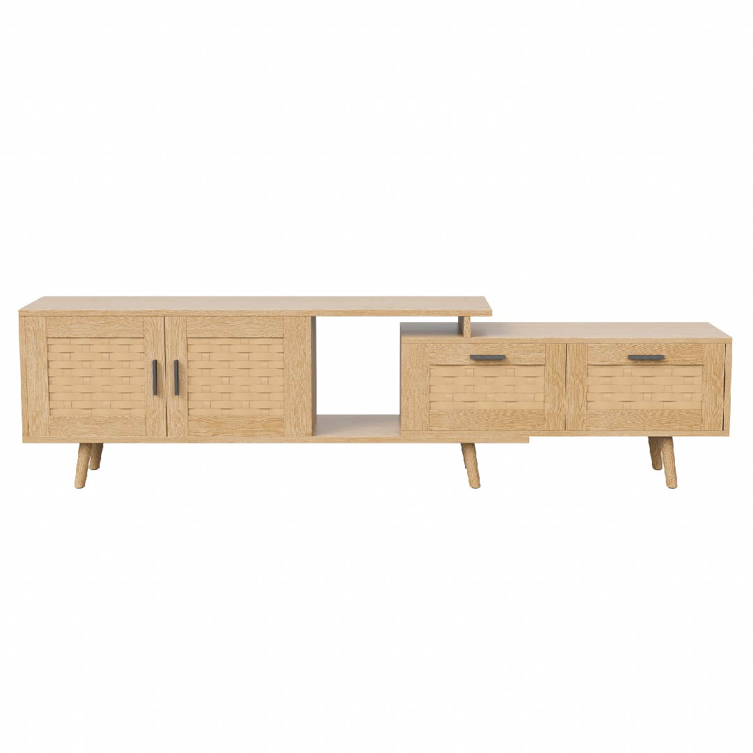 Yelenaro Skalierbarer TV-Schrank aus Holz mit Rattanfronten – Verstellbares TV-Board mit 2 Schubladen & 2 Türen Naturfarben