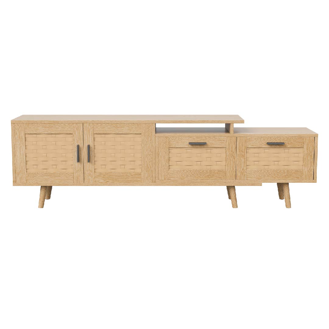 Yelenaro Skalierbarer TV-Schrank aus Holz mit Rattanfronten – Verstellbares TV-Board mit 2 Schubladen & 2 Türen Naturfarben