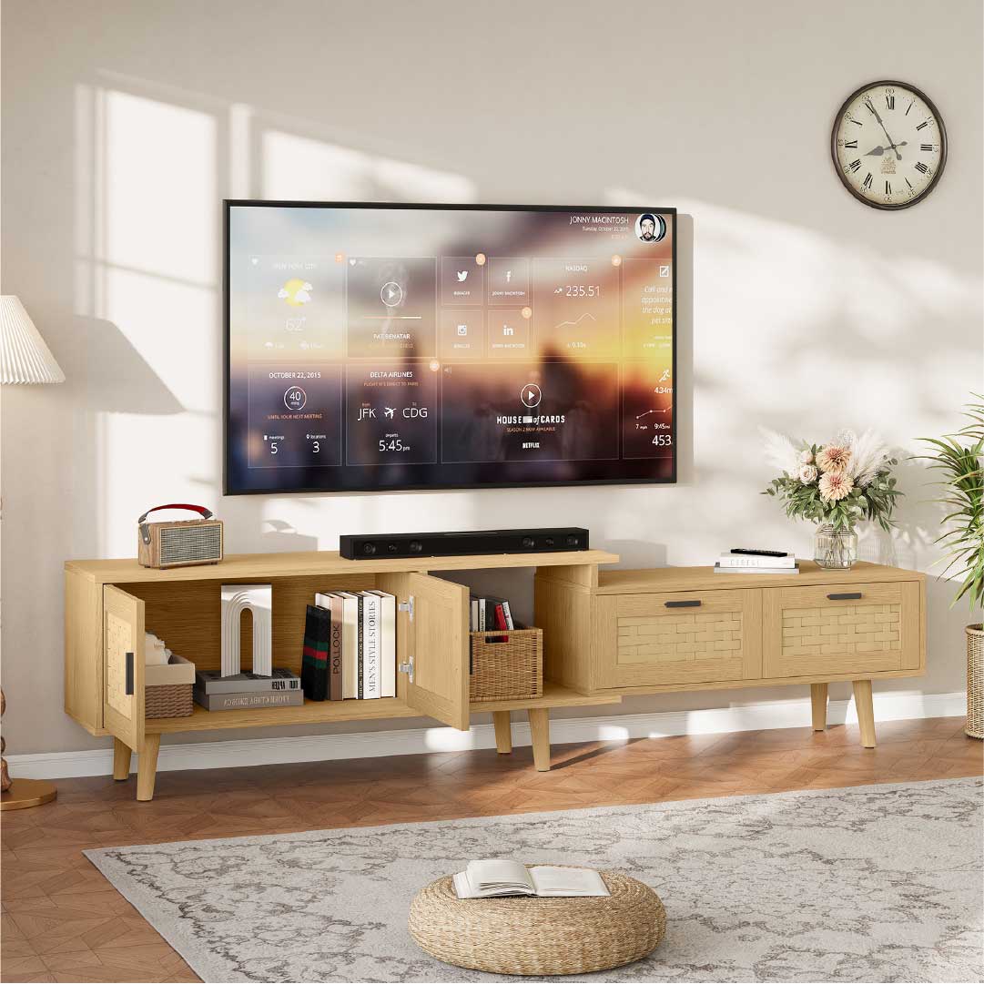 Yelenaro Ausziehbar TV-Lowboard aus Holz mit Rattanfront – 146-180 cm