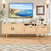 Yelenaro Skalierbarer TV-Schrank aus Holz mit Rattanfronten – Verstellbares TV-Board mit 2 Schubladen & 2 Türen Naturfarben