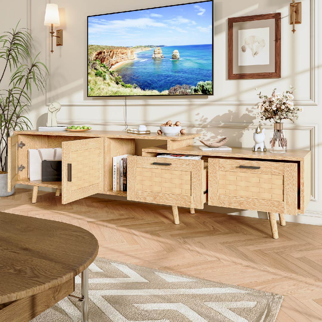 Yelenaro Skalierbarer TV-Schrank aus Holz mit Rattanfronten – Verstellbares TV-Board mit 2 Schubladen & 2 Türen Naturfarben
