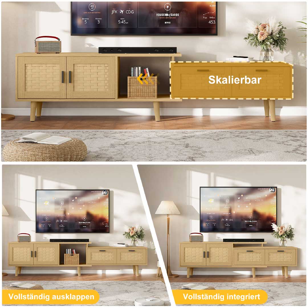 Yelenaro Ausziehbar TV-Lowboard aus Holz mit Rattanfront – 146-180 cm