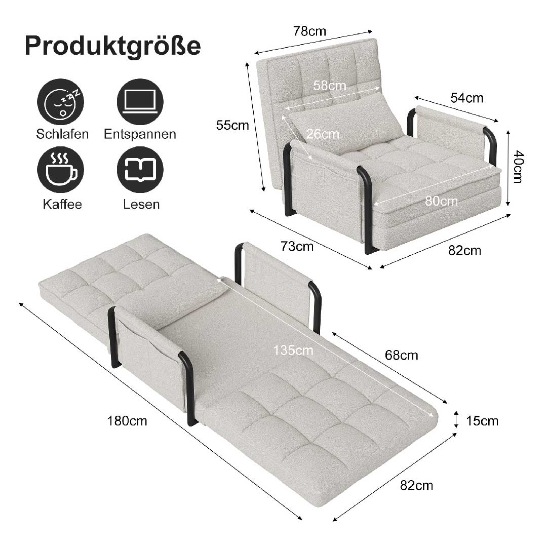 Yelenaro 4-in-1 Schlafsessel Produktgröße und Funktionen – Sessel, Sofa, Relaxliege und Gästebett aus Bouclé Stoff