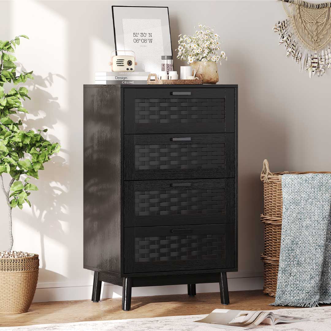 YELENARO Rattan Kommode mit 4 Schubladen – Holzoptik Aufbewahrungsschrank