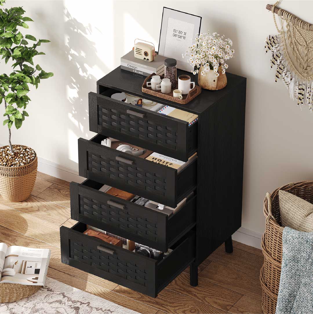 YELENARO Rattan Kommode mit 4 Schubladen – Holzoptik Aufbewahrungsschrank