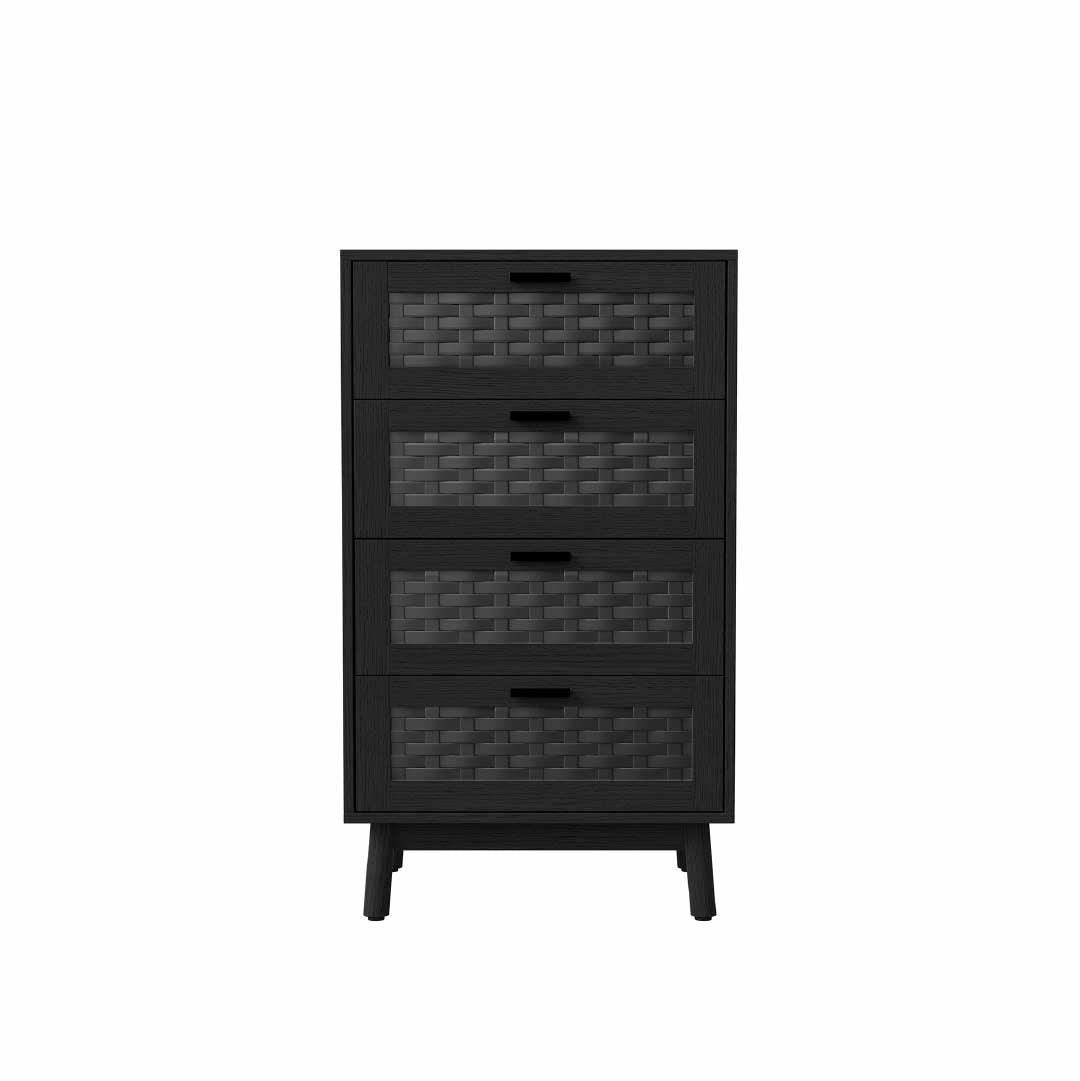 YELENARO Rattan Kommode mit 4 Schubladen – Holzoptik Aufbewahrungsschrank
