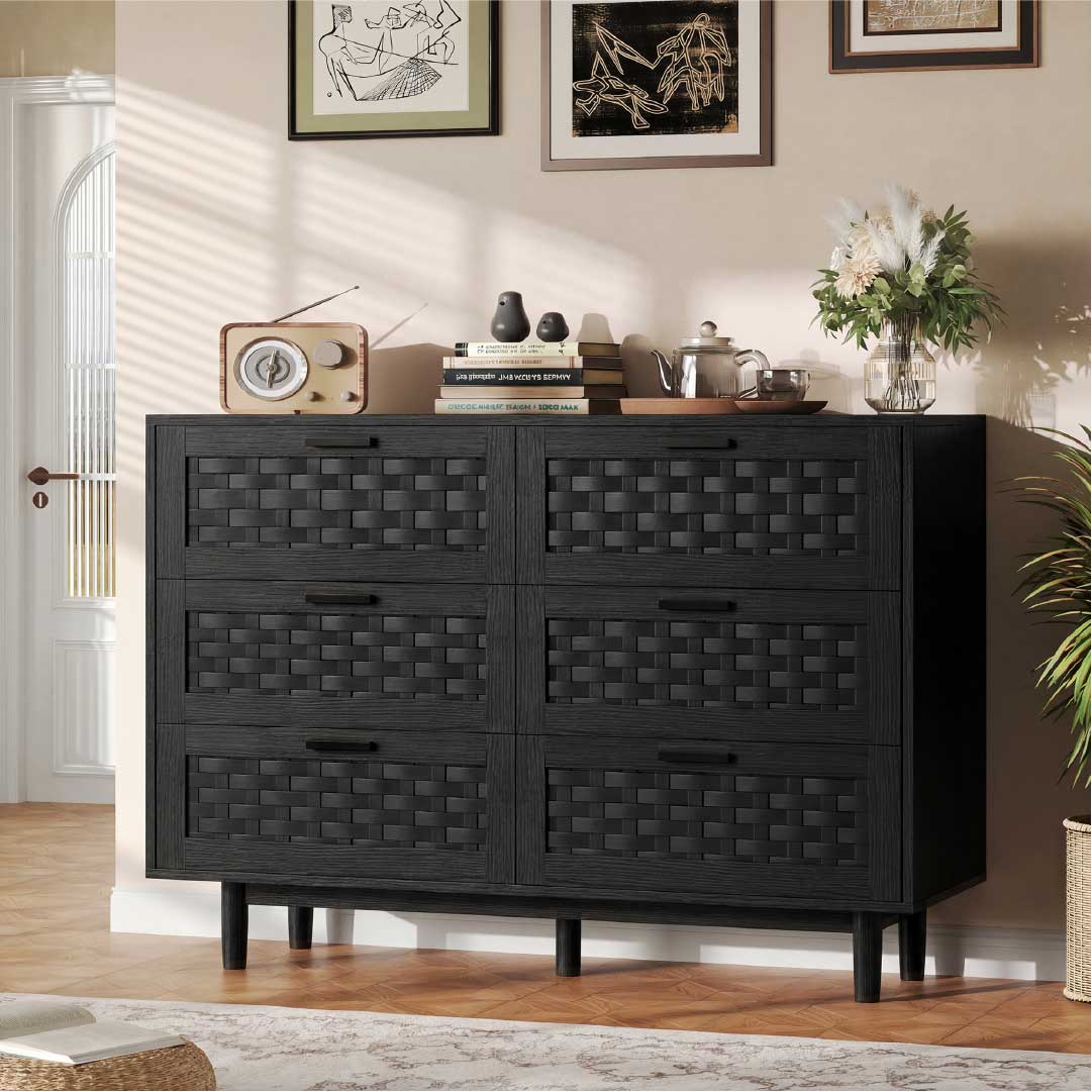Yelenaro Rattan Kommode mit 6 Schubladen 115 cm – Holz Sideboard in Eiche & Schwarz