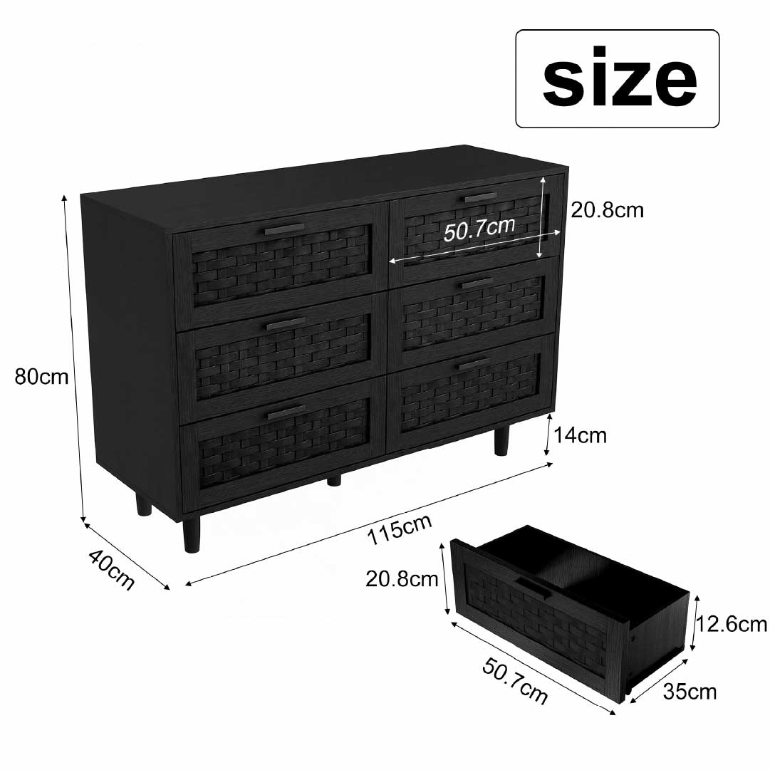Yelenaro Rattan Kommode mit 6 Schubladen 115 cm – Holz Sideboard in Eiche & Schwarz