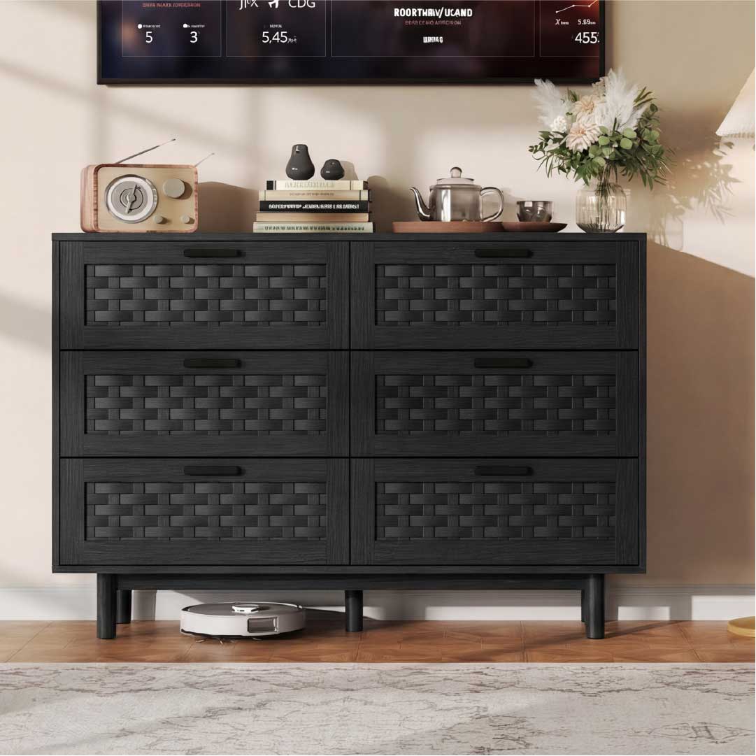Yelenaro Rattan Kommode mit 6 Schubladen 115 cm – Holz Sideboard in Eiche & Schwarz