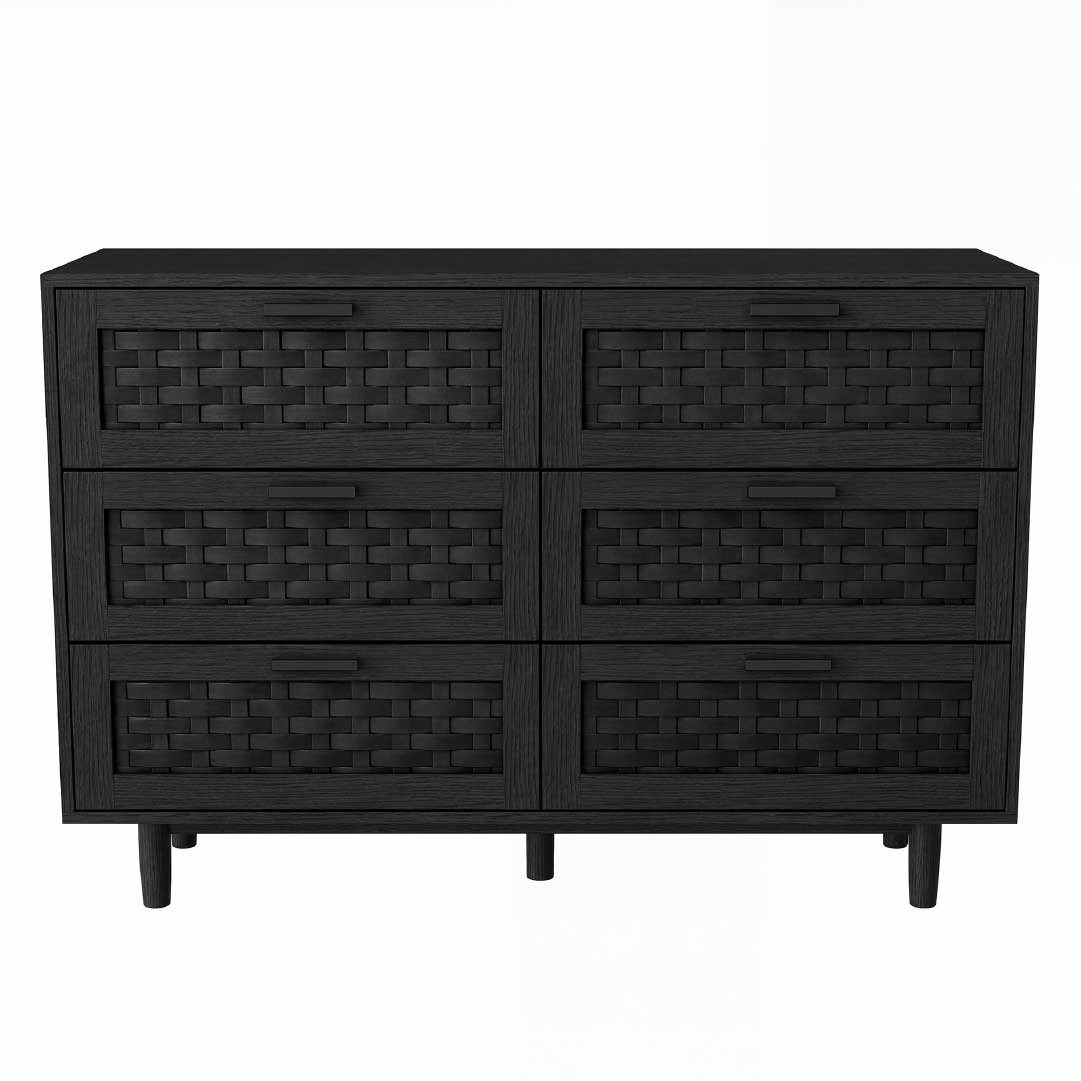 Yelenaro Rattan Kommode mit 6 Schubladen 115 cm – Holz Sideboard in Eiche & Schwarz
