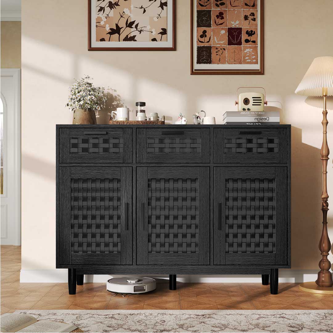 Yelenaro Rattan Sideboard mit 3 Schubladen und Türen – Holz Anrichte mit Stauraum