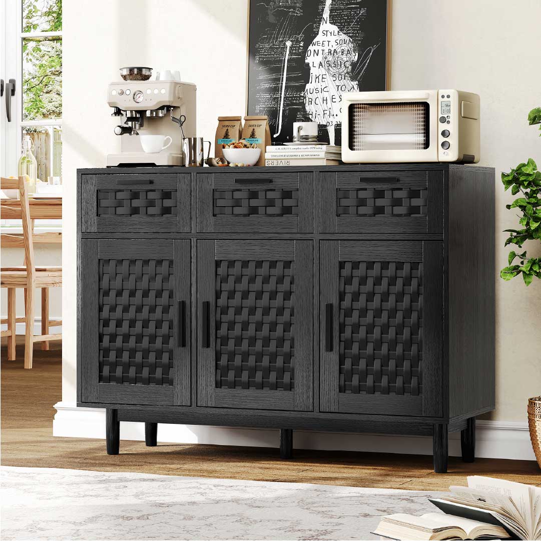 Yelenaro Rattan Sideboard mit 3 Schubladen und Türen – Holz Anrichte mit Stauraum