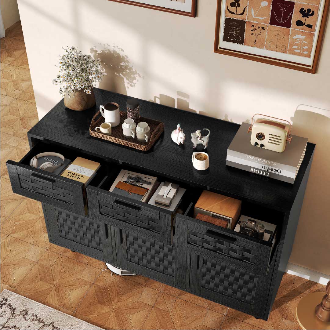 Yelenaro Rattan Sideboard mit 3 Schubladen und Türen – Holz Anrichte mit Stauraum