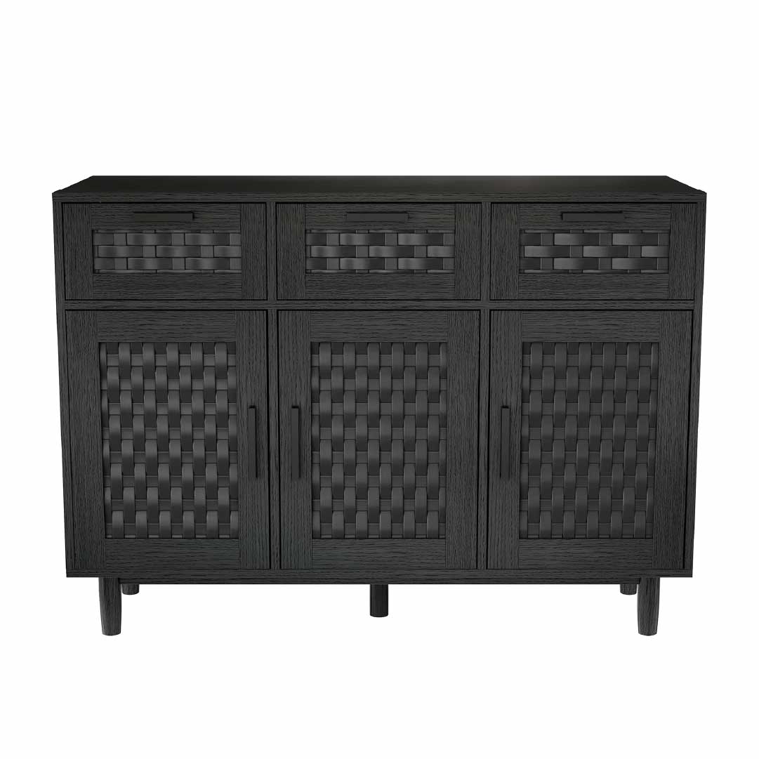 Yelenaro Rattan Sideboard mit 3 Schubladen und Türen – Holz Anrichte mit Stauraum