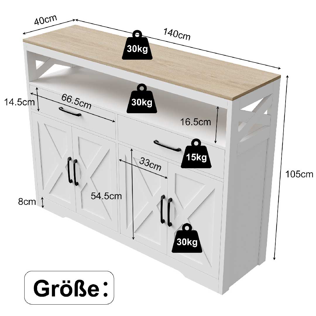 Yelenaro Sideboard Weiß 140 cm – 2 Schubladen, 4 Türen