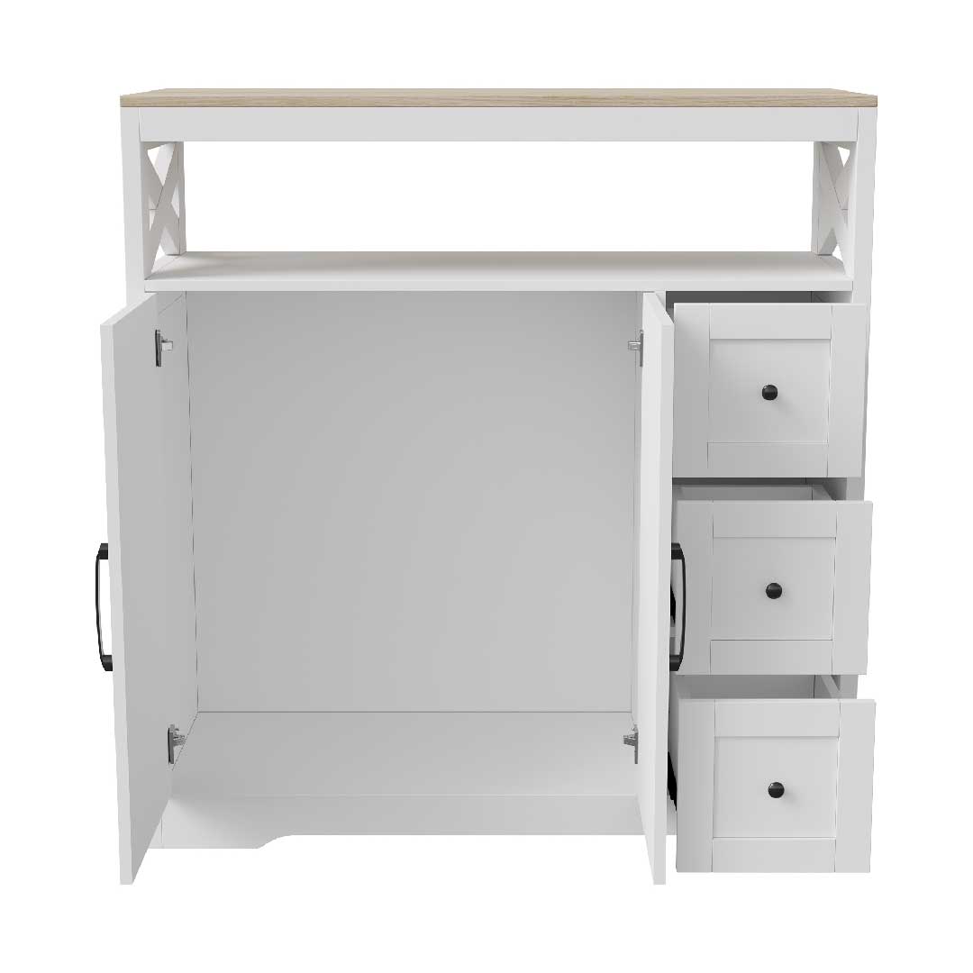 Yelenaro Sideboard mit Arbeitsplatte und geöffneten Türen, Schubladen und verstellbaren Regalen für flexiblen Stauraum