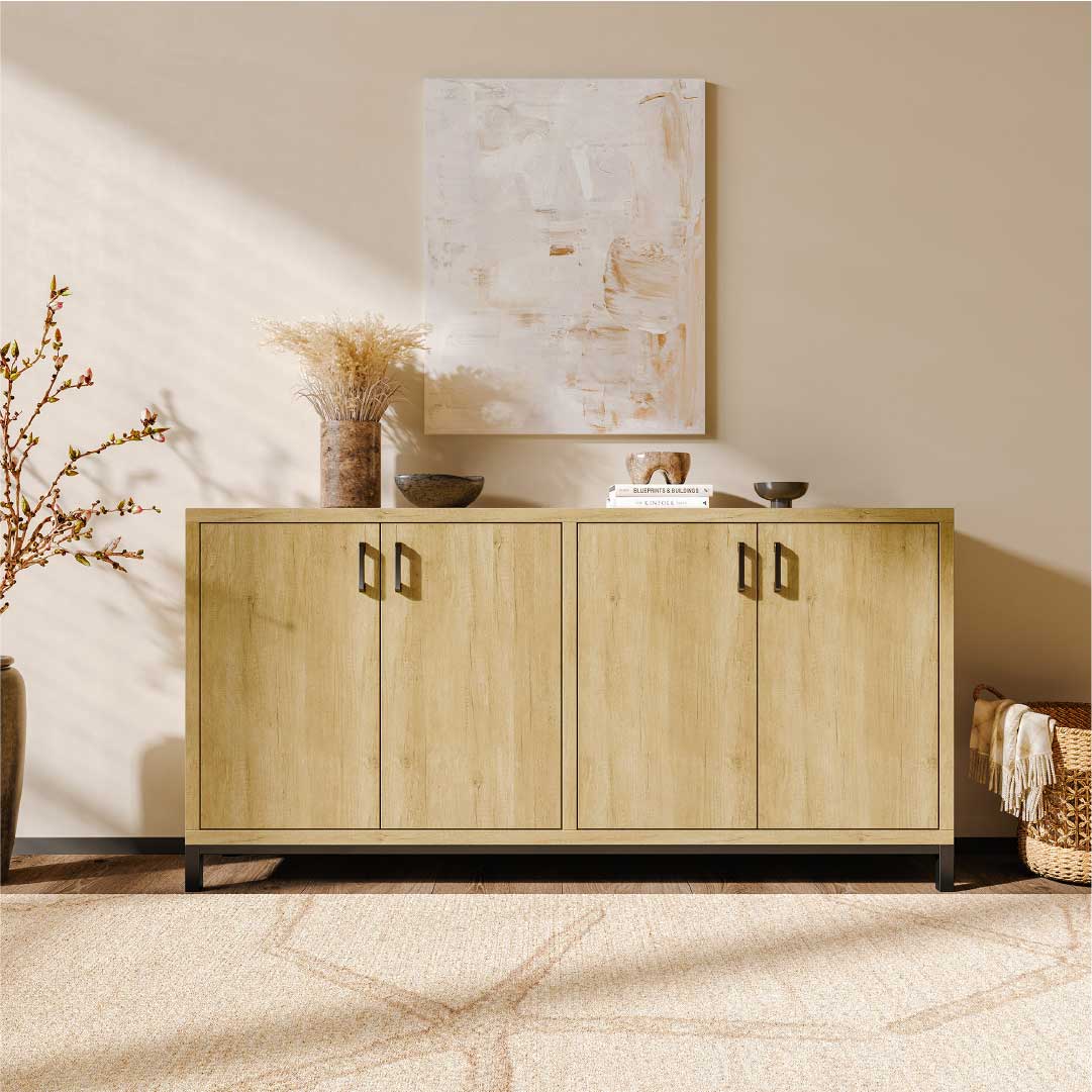 YELENARO Sideboard 160 cm – Naturholz mit Metallgriffen, 4 Türen