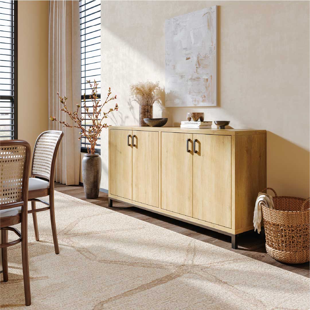 YELENARO Sideboard 160 cm – Naturholz mit Metallgriffen, 4 Türen