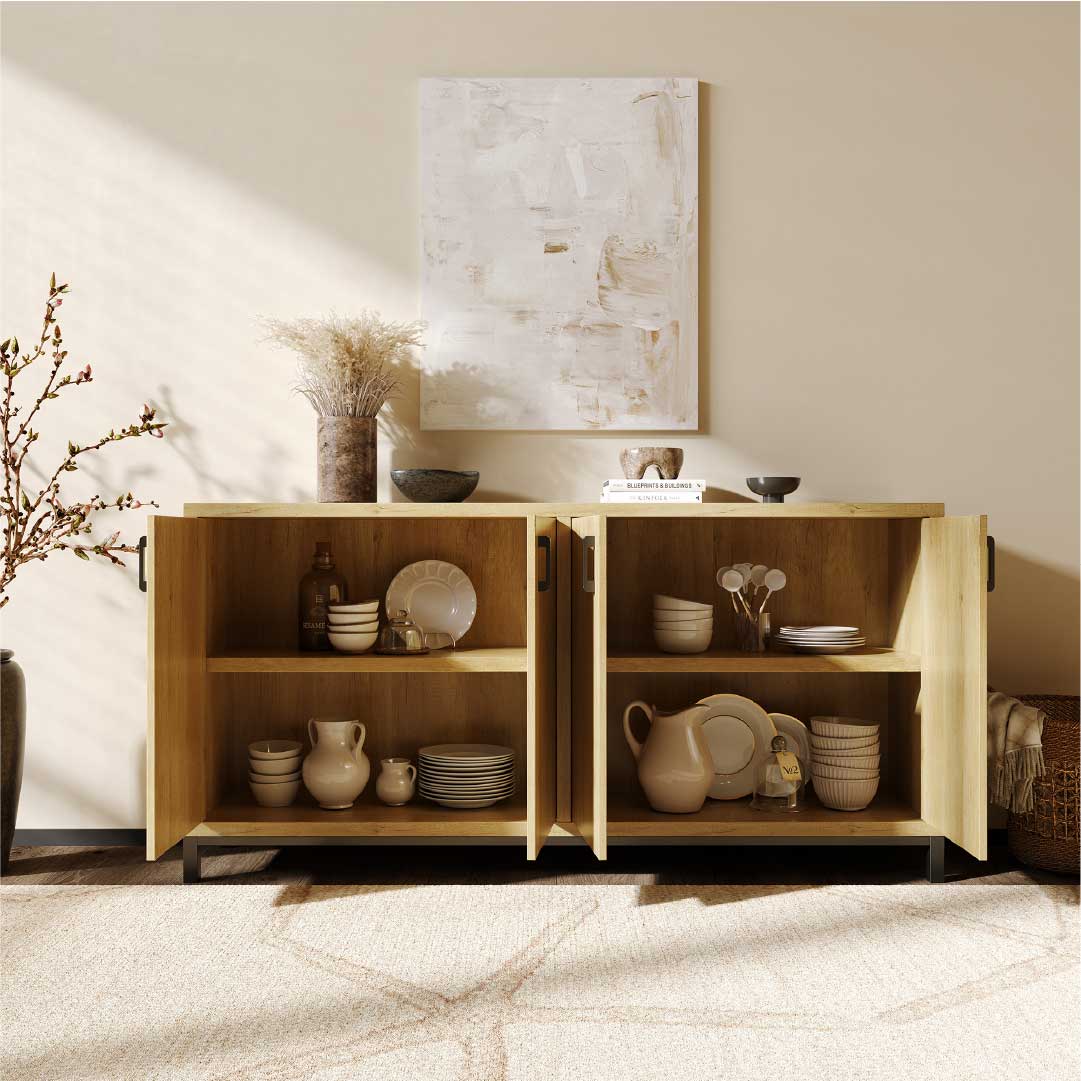 YELENARO Sideboard 160 cm – Naturholz mit Metallgriffen, 4 Türen
