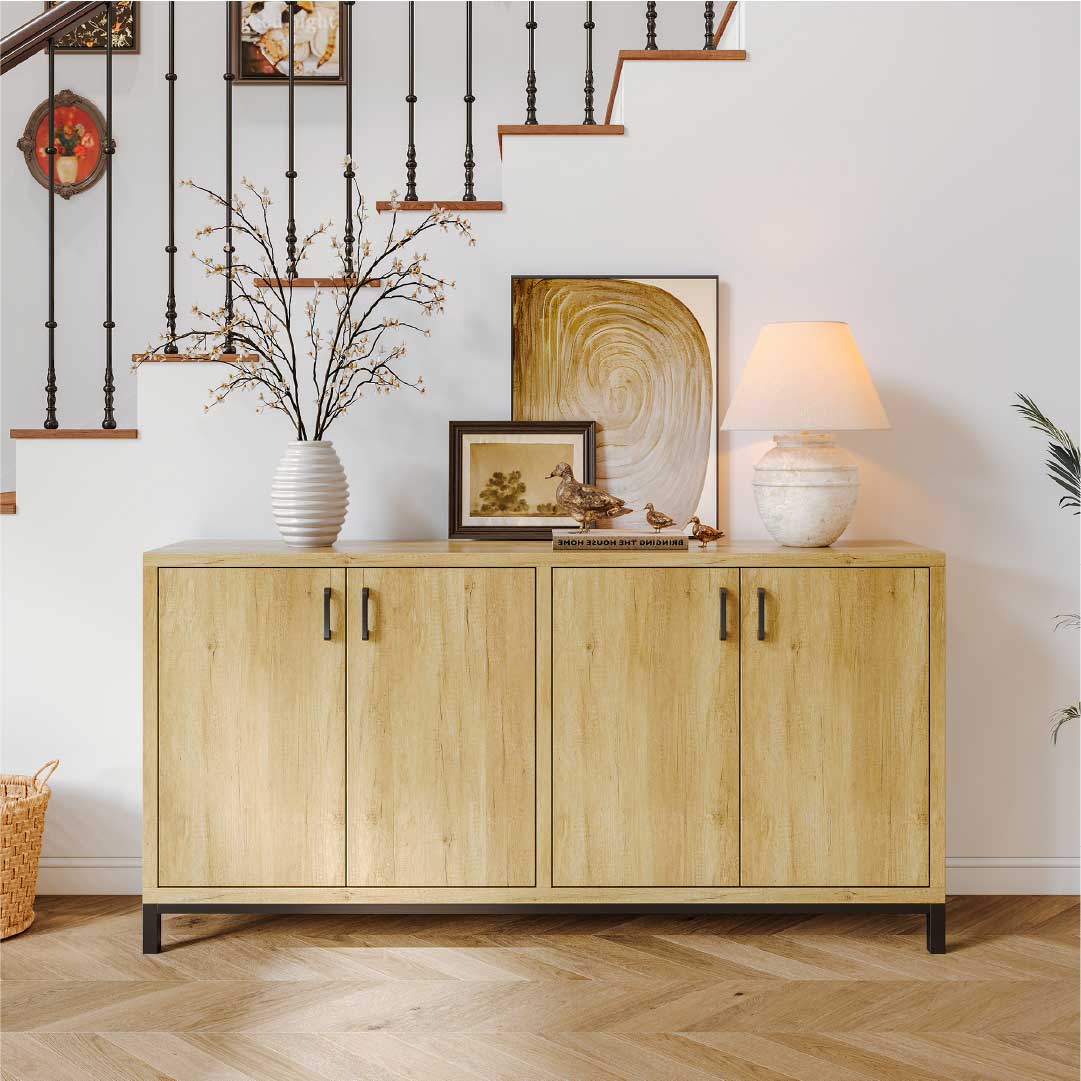 YELENARO Sideboard 160 cm – Naturholz mit Metallgriffen, 4 Türen