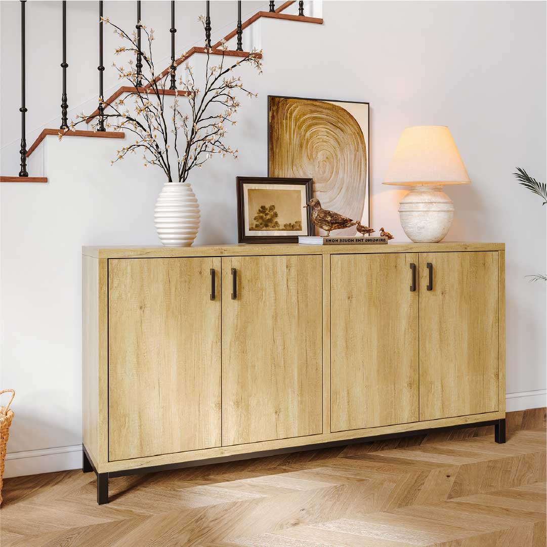 YELENARO Sideboard 160 cm – Naturholz mit Metallgriffen, 4 Türen