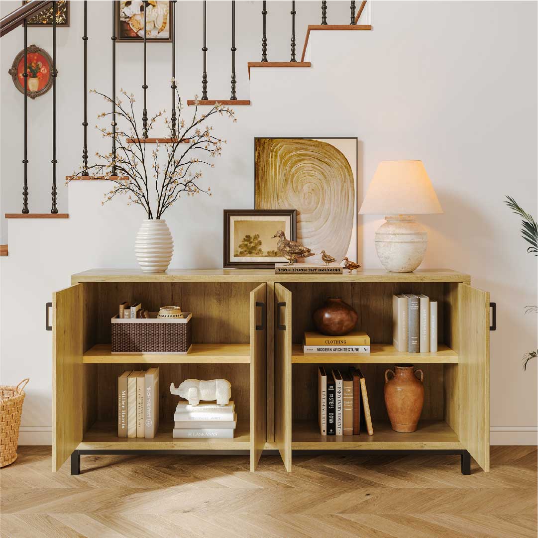 YELENARO Sideboard 160 cm – Naturholz mit Metallgriffen, 4 Türen
