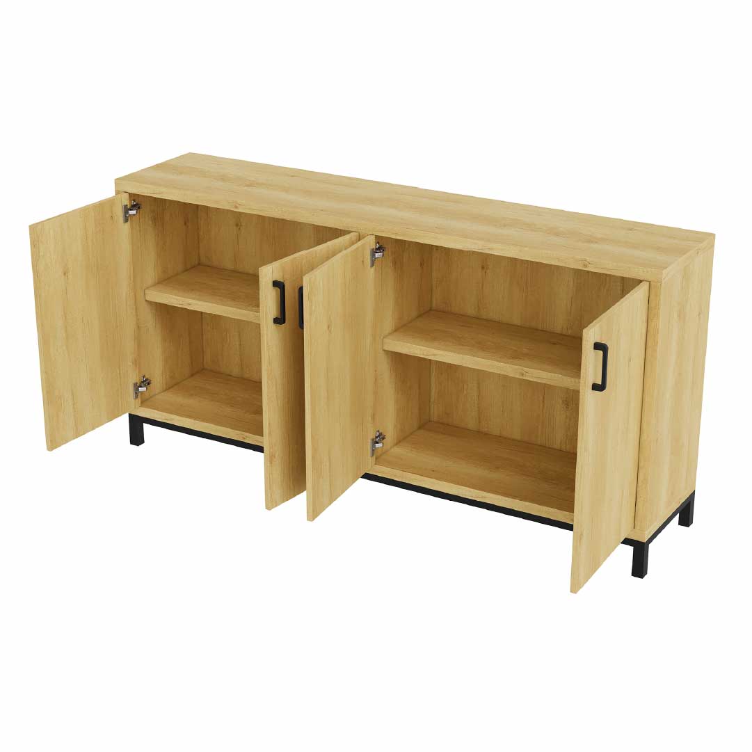 YELENARO Sideboard 160 cm – Naturholz mit Metallgriffen, 4 Türen