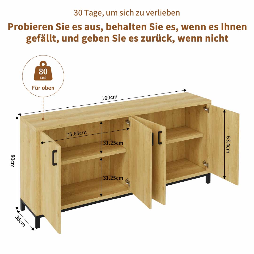 YELENARO Sideboard 160 cm – Naturholz mit Metallgriffen, 4 Türen