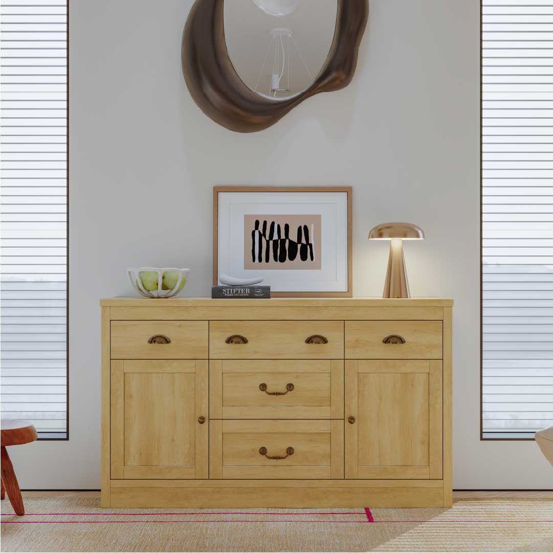 YELENARO Sideboard 135 cm – Naturholz mit 5 Schubladen & 2 Türen