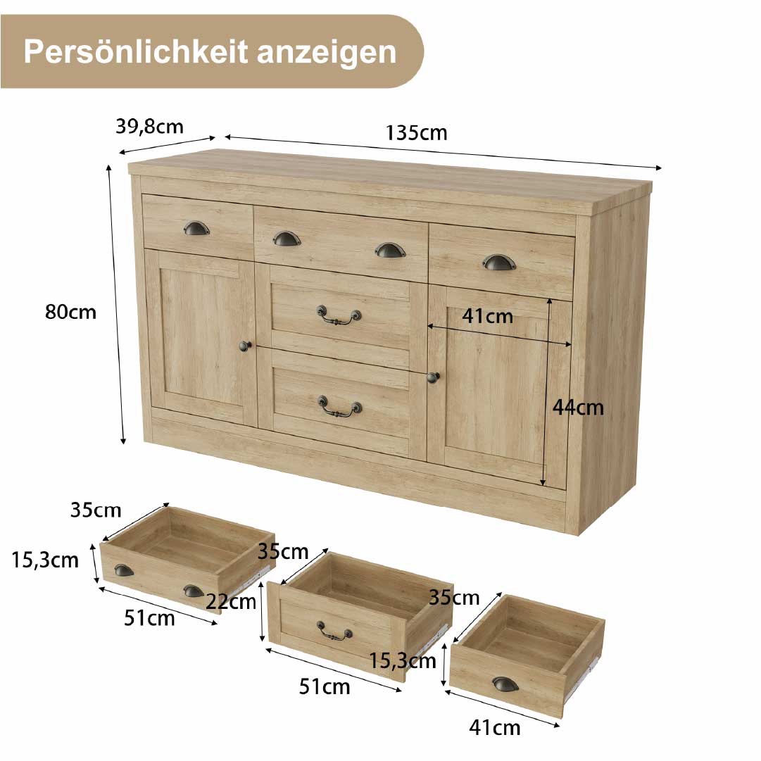 YELENARO Sideboard 135 cm – Naturholz mit 5 Schubladen & 2 Türen