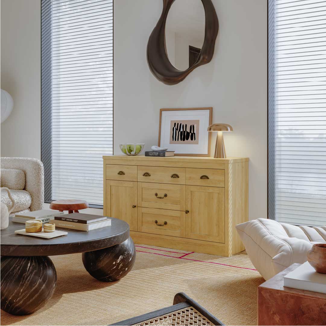 YELENARO Sideboard 135 cm – Naturholz mit 5 Schubladen & 2 Türen