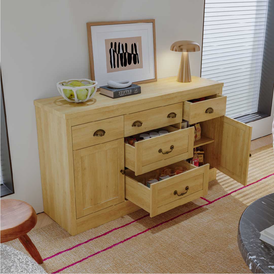 YELENARO Sideboard 135 cm – Naturholz mit 5 Schubladen & 2 Türen